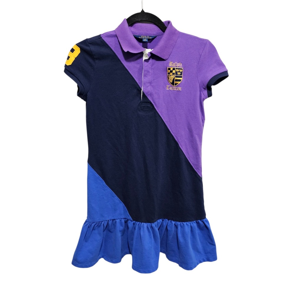 Polo Ralph Lauren Girls Sz L 10-12‎ Colorblock Rugby Polo Dress Navy Purple Blue